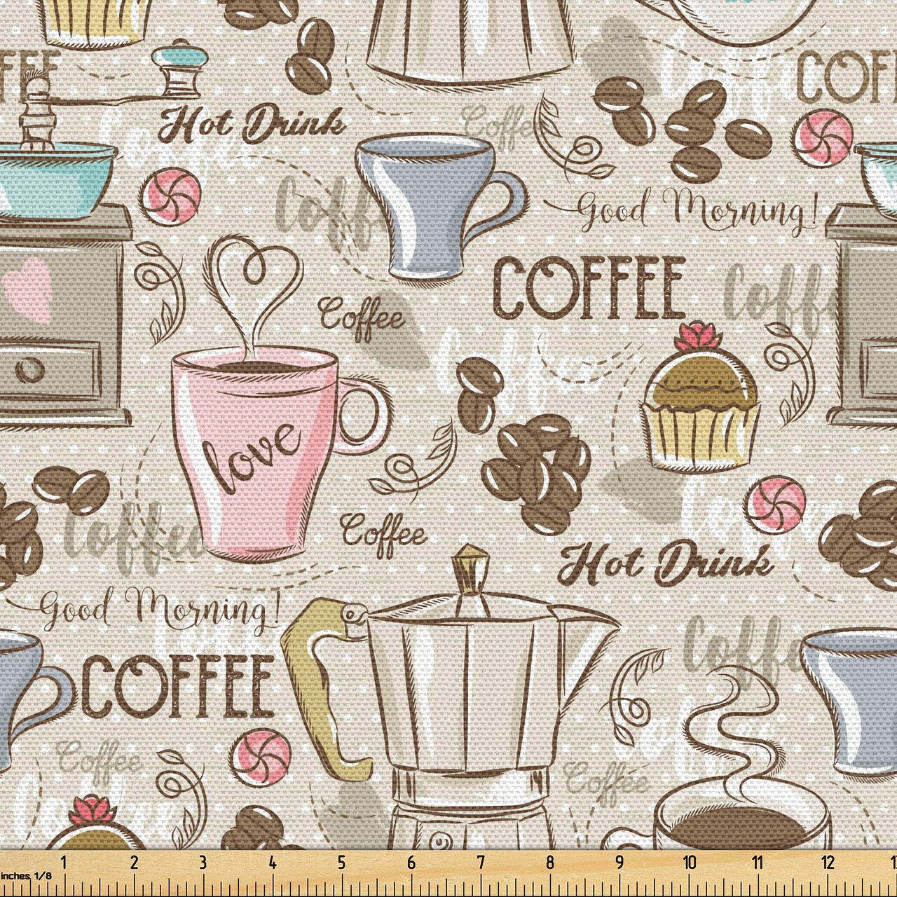 Ambesonne Modern Fabric by the Yard, Coffee Time Vintage Espresso Machine Cupcakes Beans Design, Decorative Fabric for Upholstery and Home Accents, 1 Yard, Pale Pink Beige